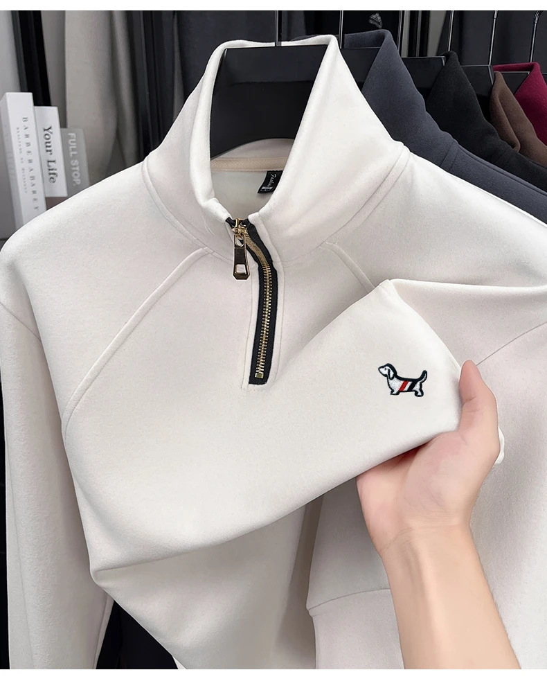 Marke Luxus männer Hoodie Stehkragen Zipper Cartoon Hund Gestickte Fleece Pullover Herbst Winter Mode Trend Casual Herrenmode