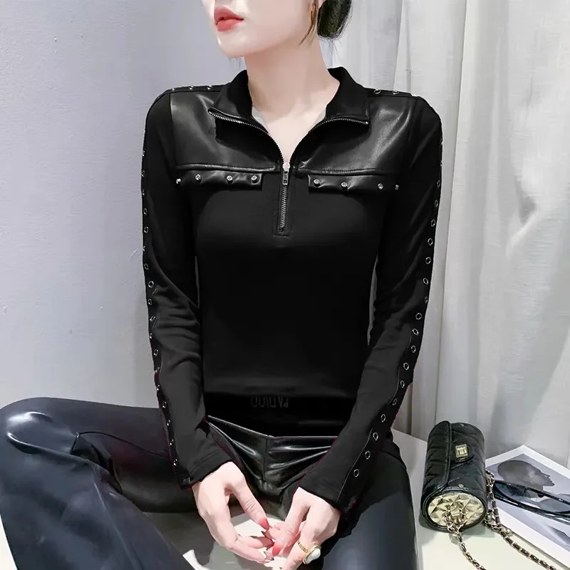 Couro do plutônio retalhos lapela camisa de manga comprida blusa para mulher 2026 nova primavera outono fino prego grânulo meio-zip cardigan topo