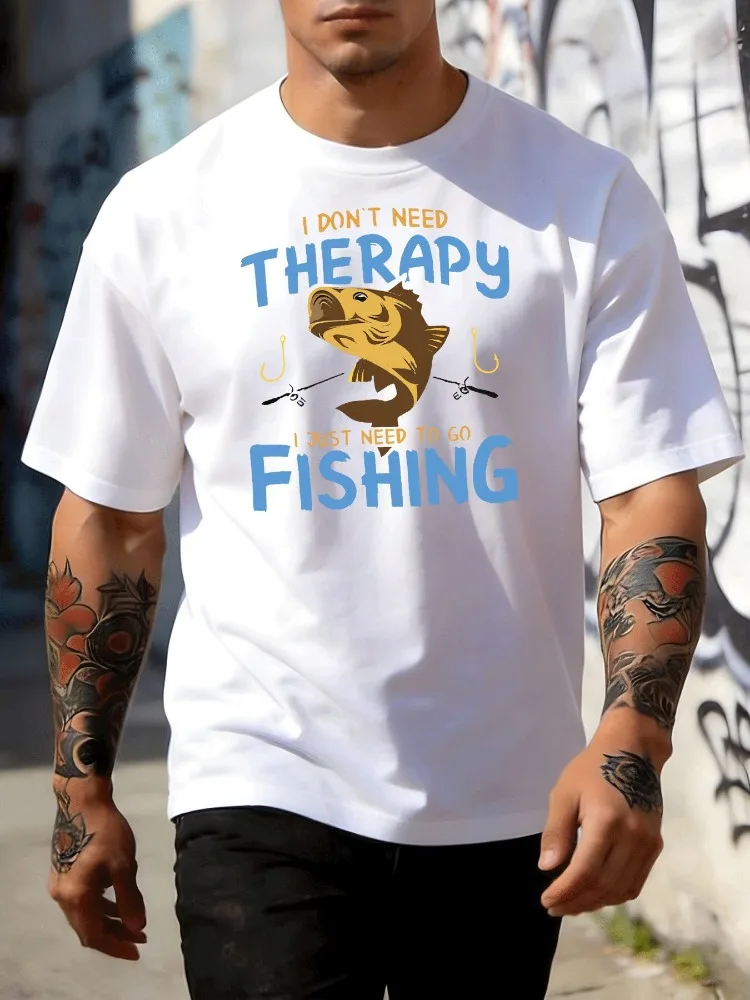 Mens Cotton Tee Bass Fish Fishing Therapy Graphic Short Sleeve Loose Outdoor Casual Summer Daily Top For Male Angler Fisher Guy
