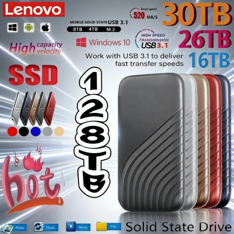 

Внешний SSD-накопитель Lenovo New 2TB 4TB 8TB с интерфейсом Type-C, высокоскоростной USB 3.1, портативный жесткий диск для ноутбука
