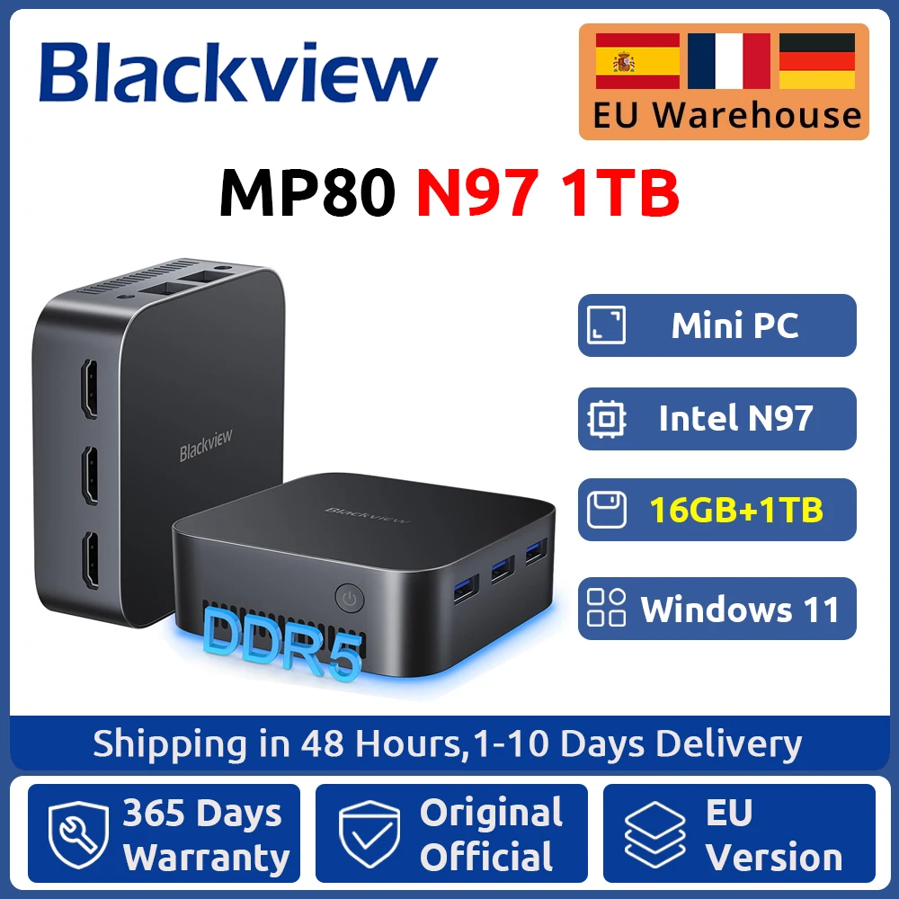 Blackview Mp80 Mini Pc Intel 12e N97 16Gb + 512Gb/1T Mini Desktop Computer Ondersteuning Dual Lan 3 * Hdmi Usb 3.0 Wifi 2.4/5G 4K Uhd Nieuw