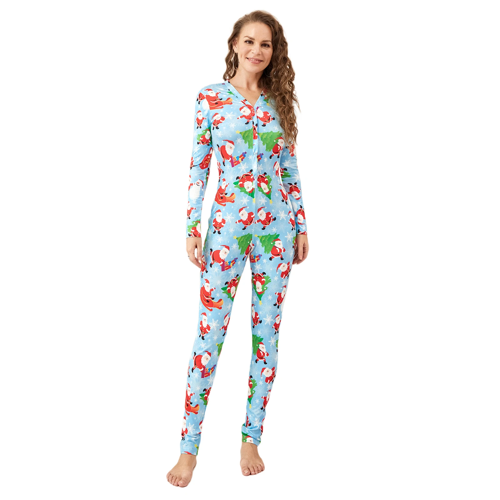 Dames Kerst Pyjama Oneseies Romper Lange Mouw Jumpsuit Nachtkleding Cartoon Print Nachtkleding