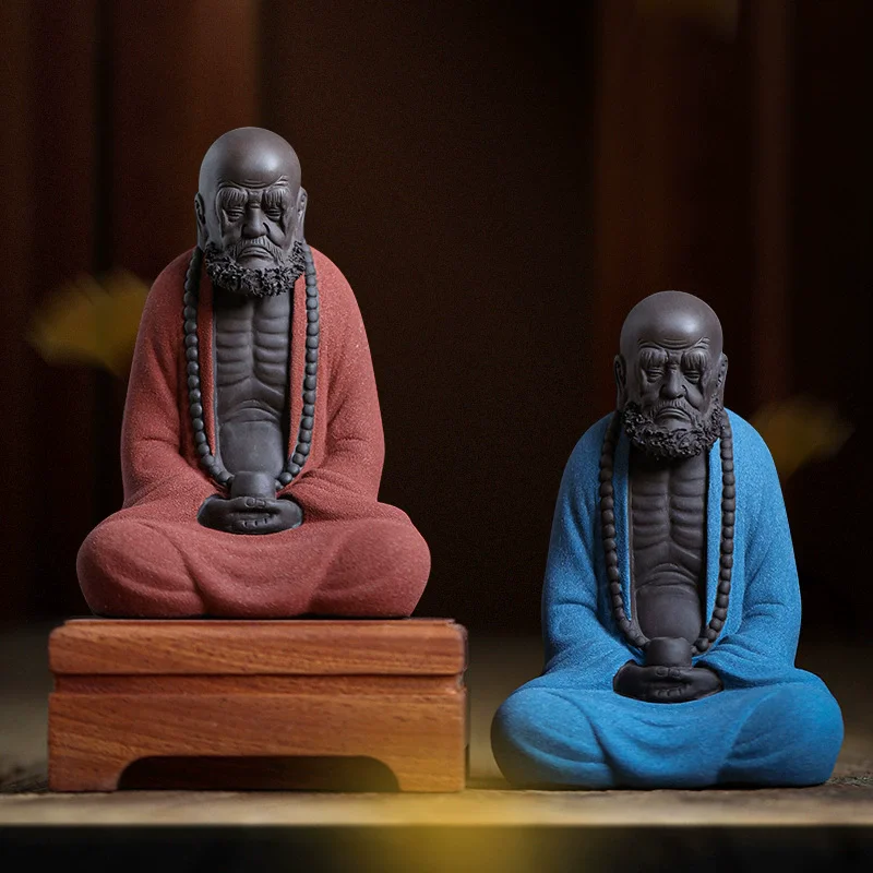 Chinese Zisha Bodhidharma Statue Zen Buddha Figurine for Tea Table Kung Fu Decoration