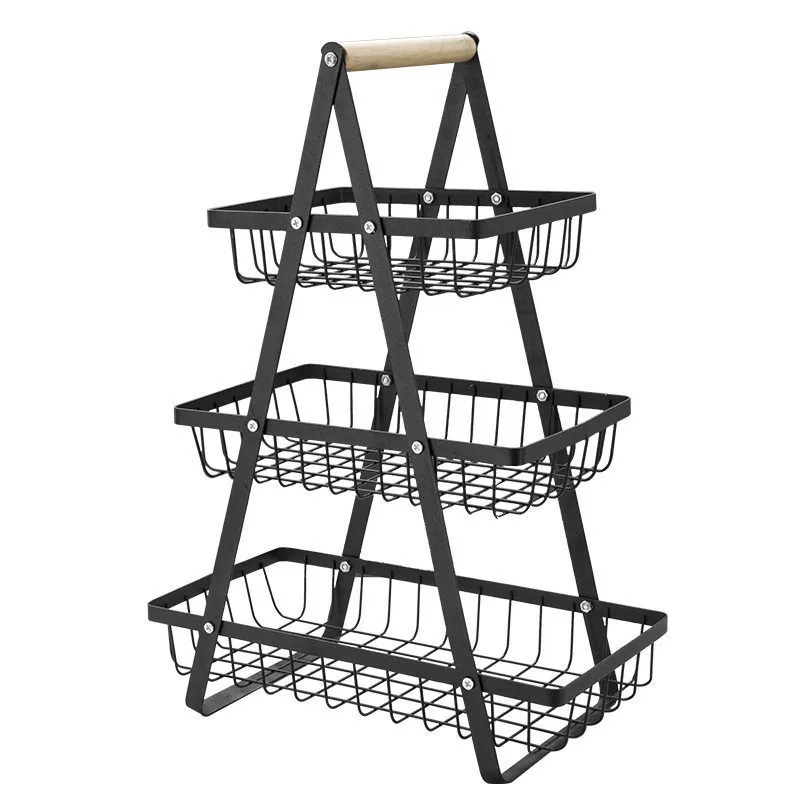 Portable household fruit basket, kitchen drain double-layer storage basket, wrought iron fruit and vegetable storage basket