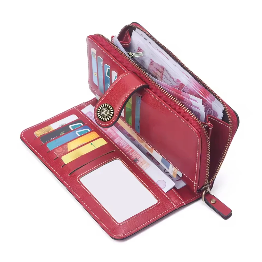 RFID anti-theft Retro Large Capacity Long Wallet Card Holder Women's Purse Multi-function Zipper Wallet with Wrist Strap