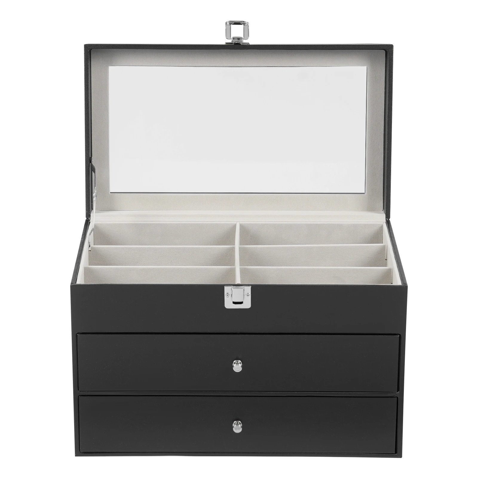 Schmuck-Aufbewahrungsbox mit 3 Ebenen, 12-Fach-Brillenetui + 12-Fach-Uhren-Organizer mit Glasschutzfächern für Zuhause – Detail 11