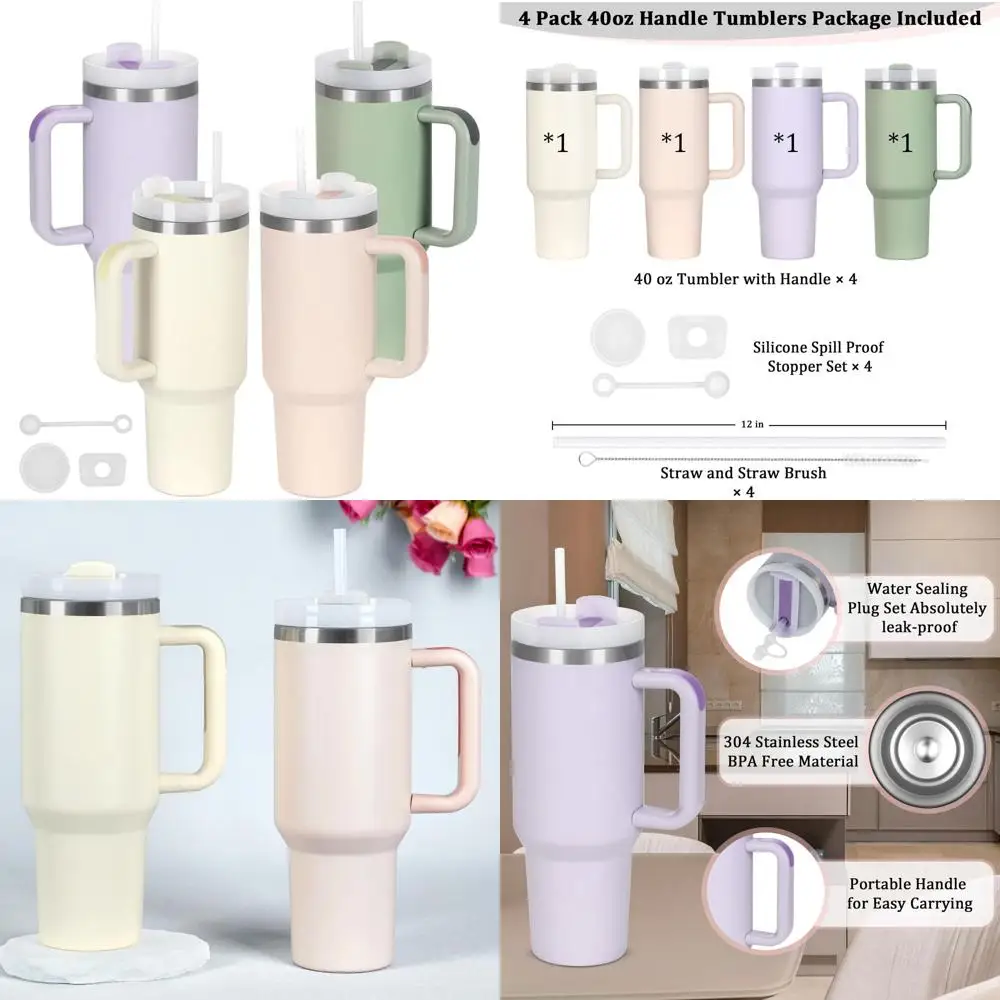 

40oz Double-Walled Vacuum Insulated Stainless Steel Tumbler with Lid, Straw, and Silicone Stopper - Bulk Set in Cream, Purple, D
