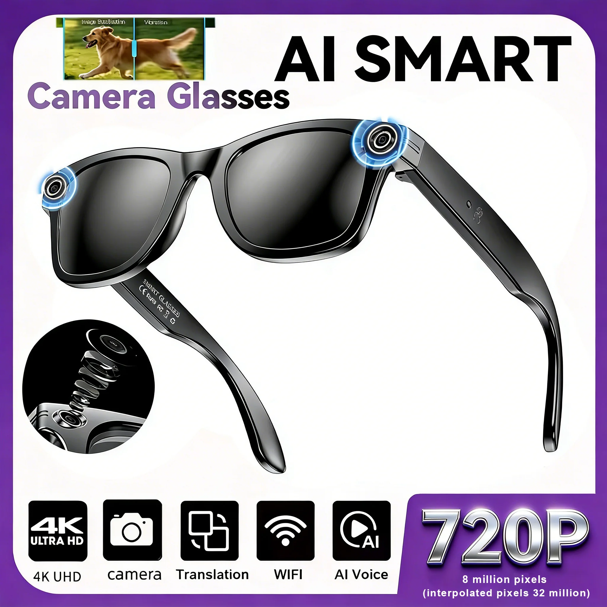 Nieuwe upgrade slimme bril met camera video-opname AI fotoherkenning Bluetooth oproepvertaling stemzonnebril heren dames