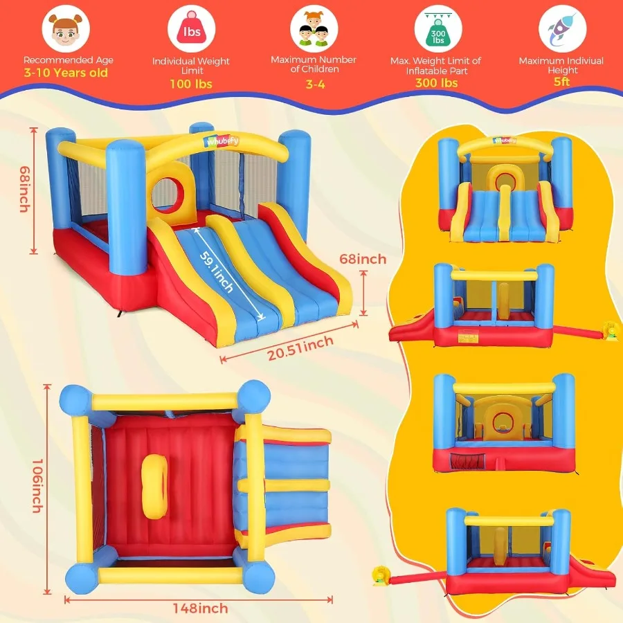 Springkasteel voor kinderen 3-6, 12,6x9 FT opblaasbaar springkasteel met hindernisbaan voor kinderen, groot springgebied, dubbele glijbaan, uit