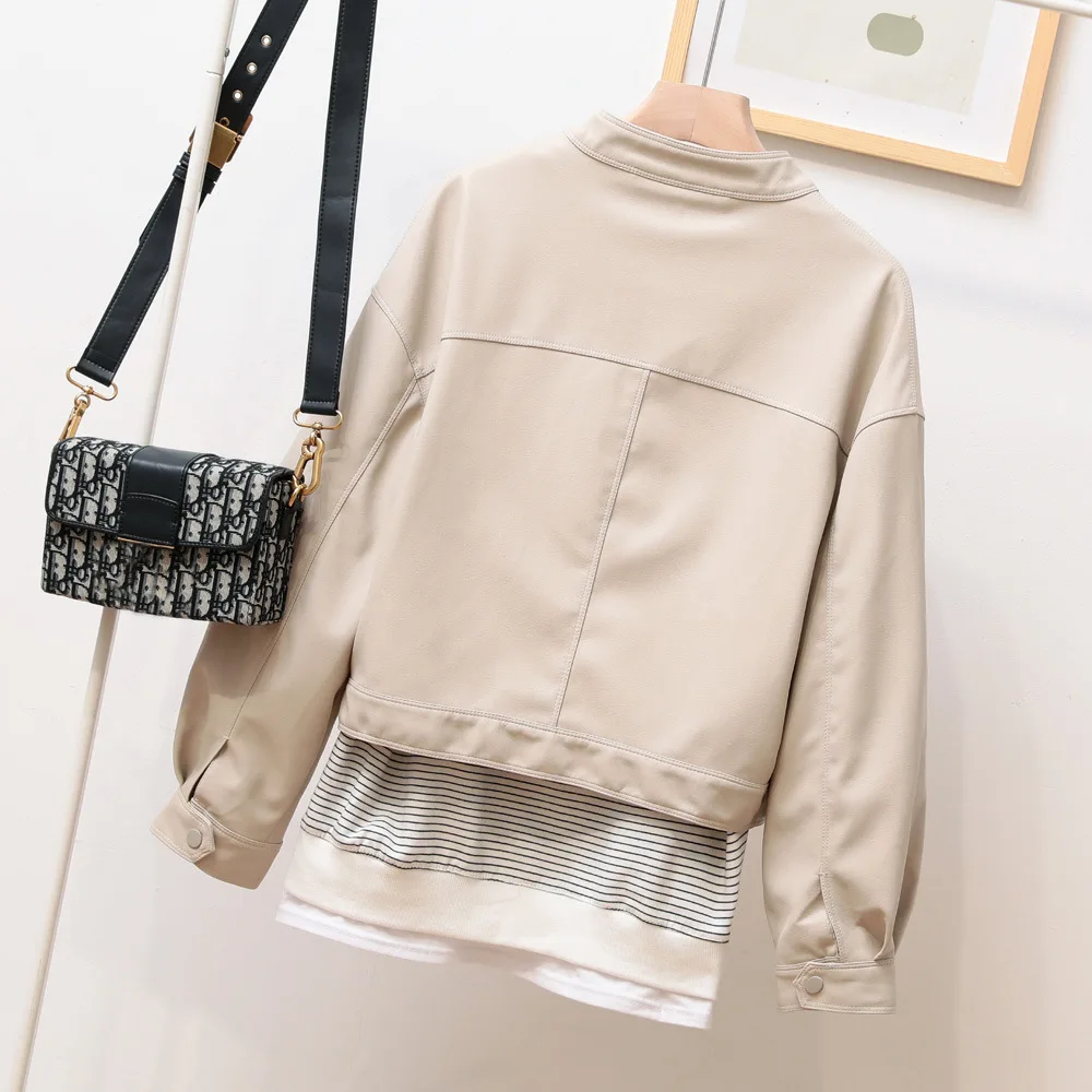 Jaket kulit imitasi untuk wanita, jaket ritsleting gaya Korea kerah berdiri pendek, sempurna untuk trendi berpergian, musim gugur, 2023