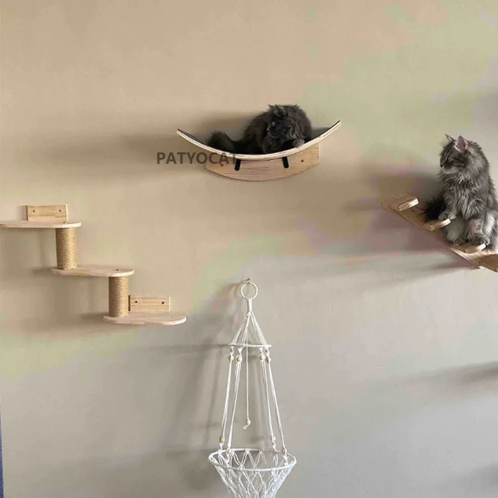 Wooden Cat Tree Tower Wall Mounted Cat Climbing Shelves Hammock Stairs House Cats Walk Playground Pet Furniture Accessories