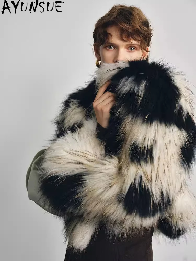 Abrigos de Piel de Mapache AYUNSUE para Mujer, Chaqueta Corta con Cuello de Piel de Zorro, Abrigo de Piel Elegante y de Lujo, Ropa de Mujer para Invierno
