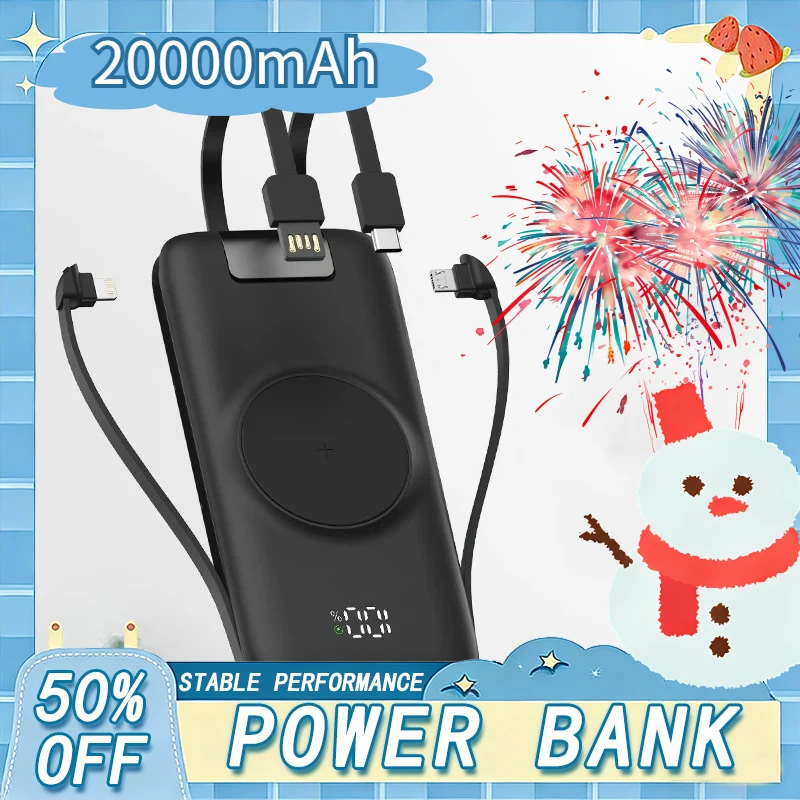 

Power Bank 20000mAh Wireless Charger Powerbank 22.5W PD20W Fast Charging Built in Cables Holder Power bank For All Mobile Phones
