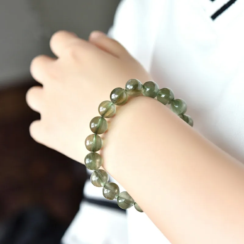 Natural Green Rutilated Quartz Bracelet Cat Eye Clear Round Beads Women Men Rutilated Quartz Crystal 7mm 8mm 9mm 10mm AAAAA
