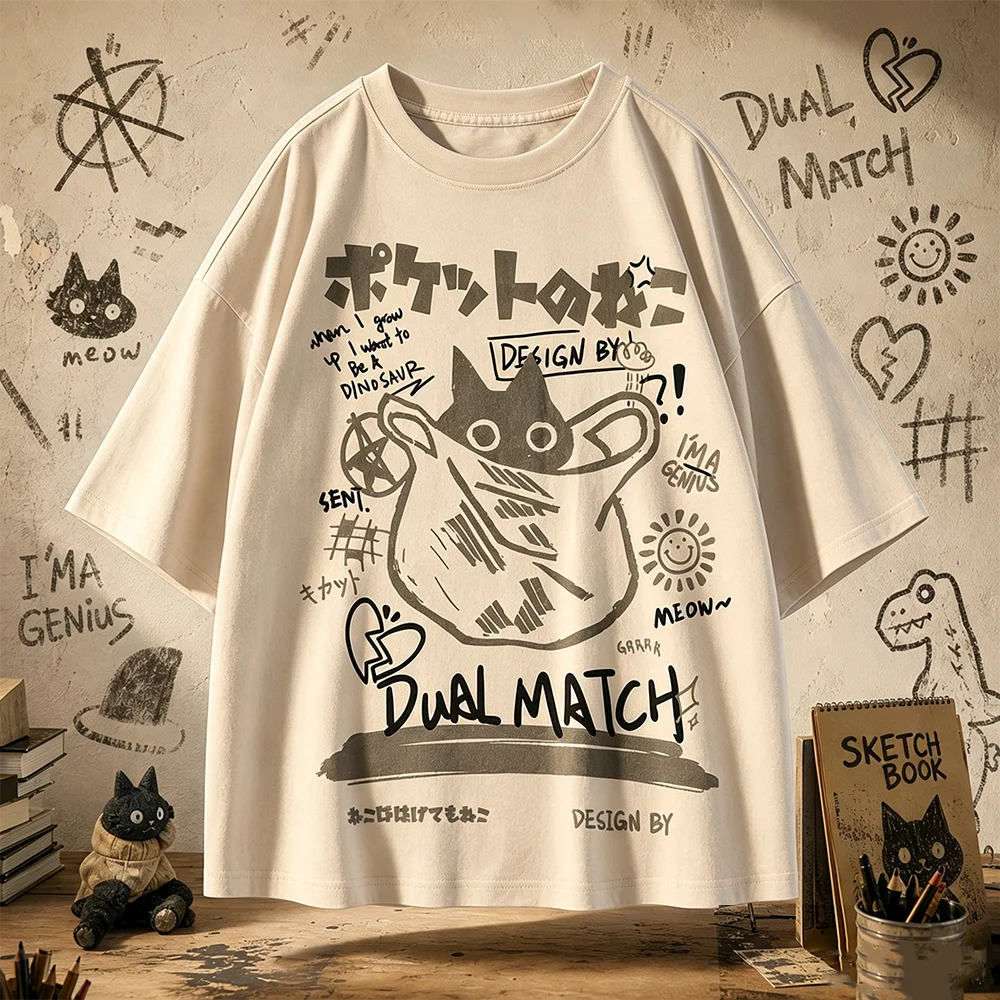 Unisex Japanese Retro Pocket Cat Cartoon Comfortable Short Sleeve T-shirt for Couples And Parent-Child Summer Fashion Top