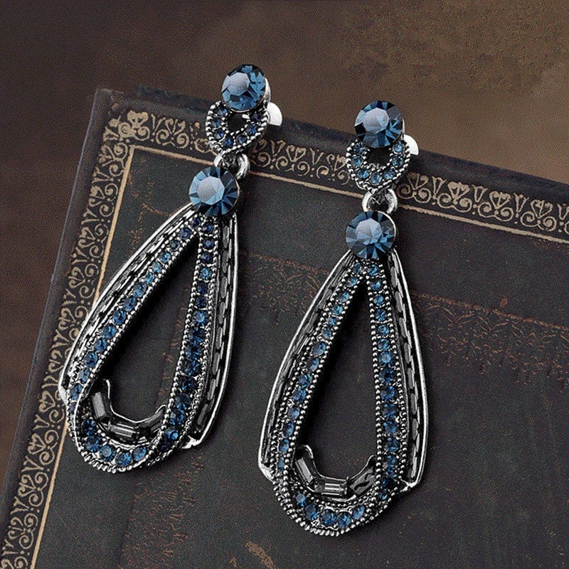 Vintage Antique Silver Color Blue Zircon Stone Dangle Drop Earring Women Retro Party Ethnic Style Accessories Female Earrings