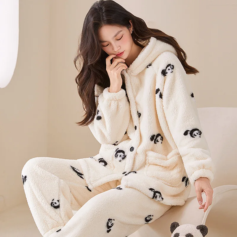 Winter Hooded Warm Home Clothes Thick Sleepwear Print Panda Coral Fleece Home Wear Pajamas 2 Pcs Shirt&pants Thicken Nightwear