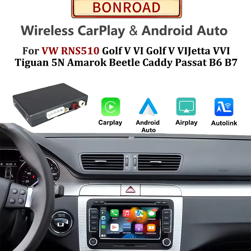 Bonroad Kabelloses CarPlay Android Auto für VW RNS510 Golf V VI Jetta Tiguan Amarok Beetle Caddy Passat Phaeton Airplay GPS Navi