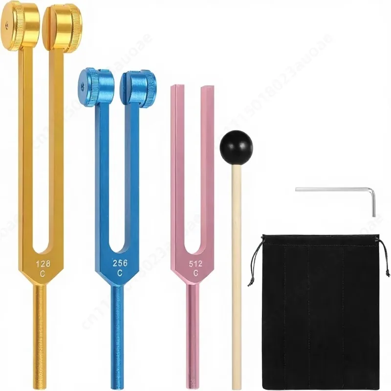 3Pcs Aluminum Tuning Fork Set 128Hz 256Hz 512Hz, Weighted & Non-weighted Vibration Tool With Hammer Storage Bag OEM