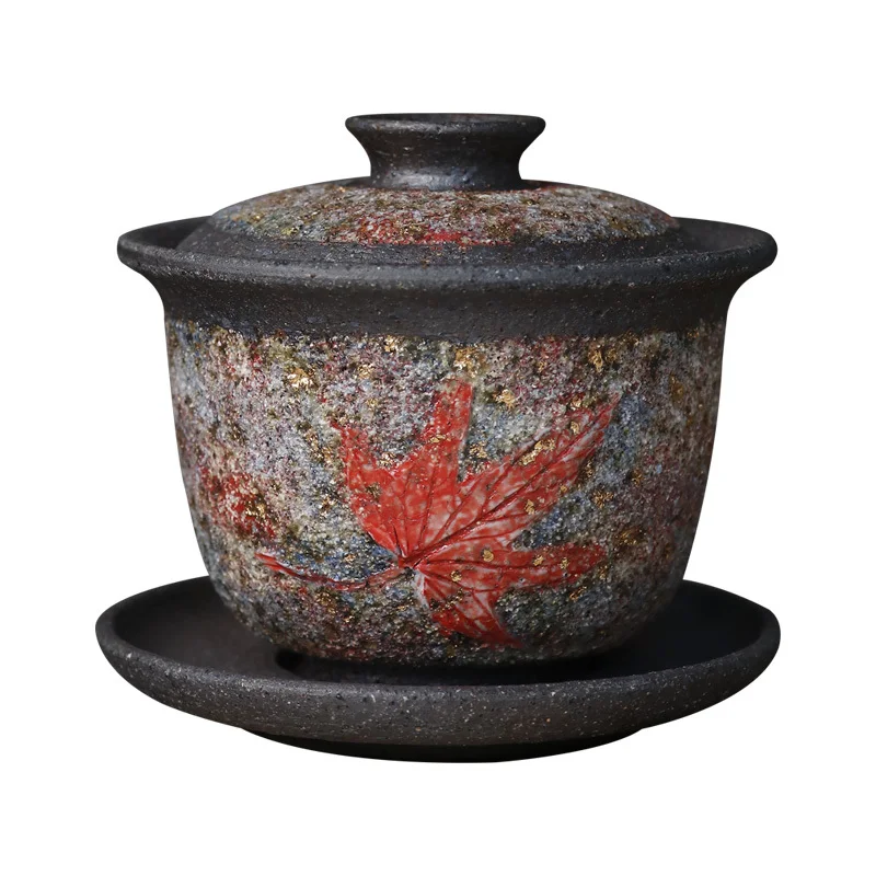 Three Time Japanese Style Rock Mineral Covered Bowl, Tea Cup, Wood Fired Maple Leaf, Piece Single Making