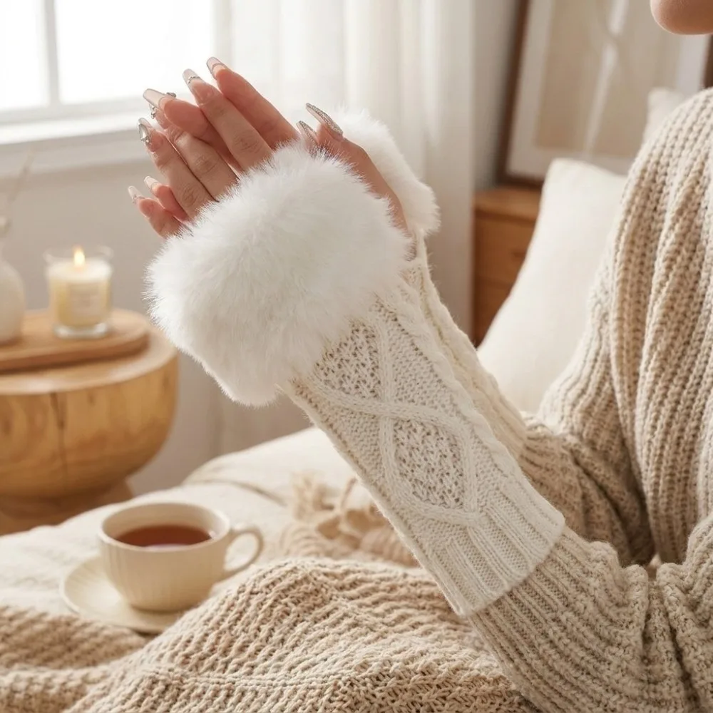 Cable Knit Fingerless Arm Warmers Faux Fur Cuff Rhombus Pattern Half Finger Gloves Strench Polyester Sleeve Cover Casual Outfit