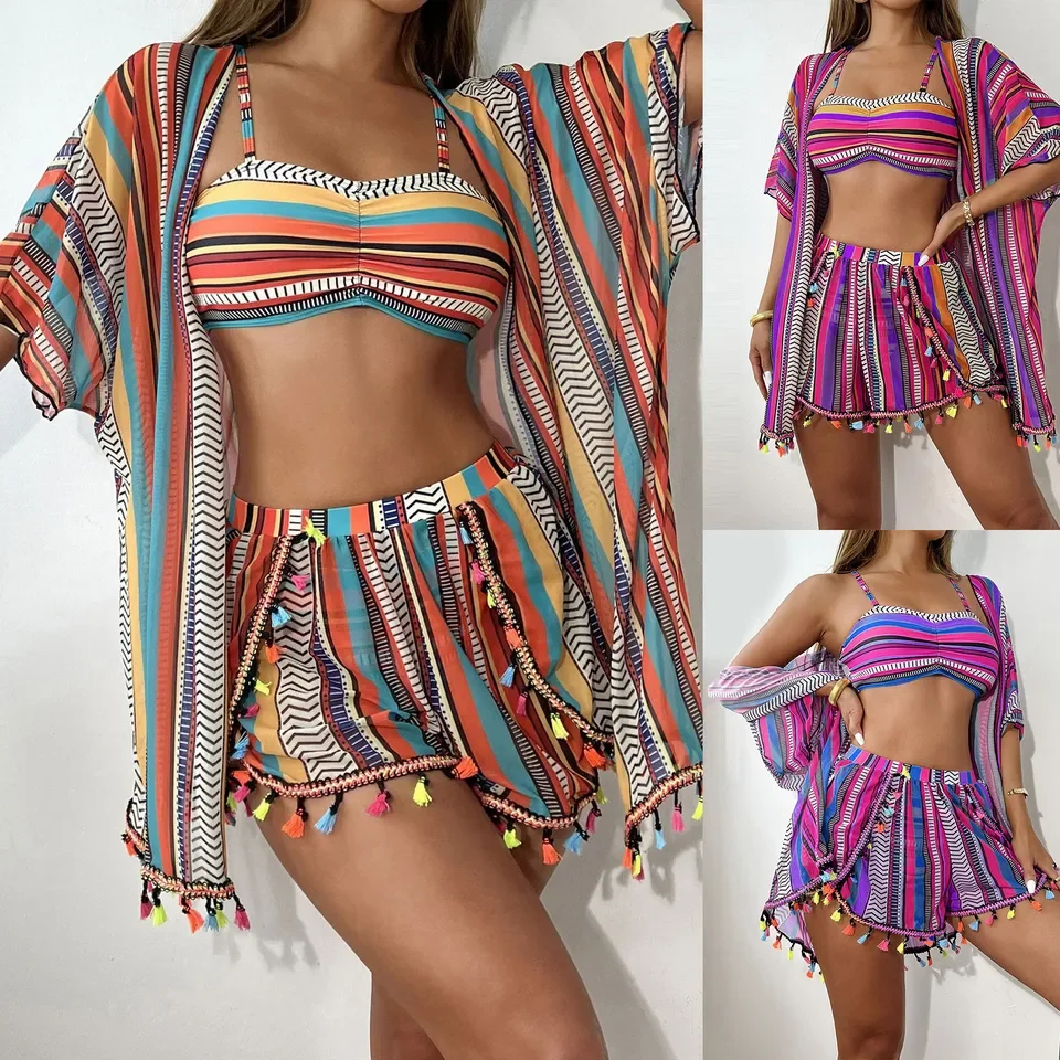 

4 Pieces High Waisted Bikini Shorts 2025 Women With Kimono Beach Wear Striped Print Swimsuit Sexy