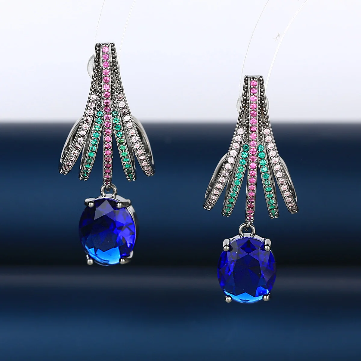 

925 Silver Needle Luxury Vintage Blue Gemstone Multicolor Drop Earrings, Elegant Party Wedding Jewelry Gift for Women