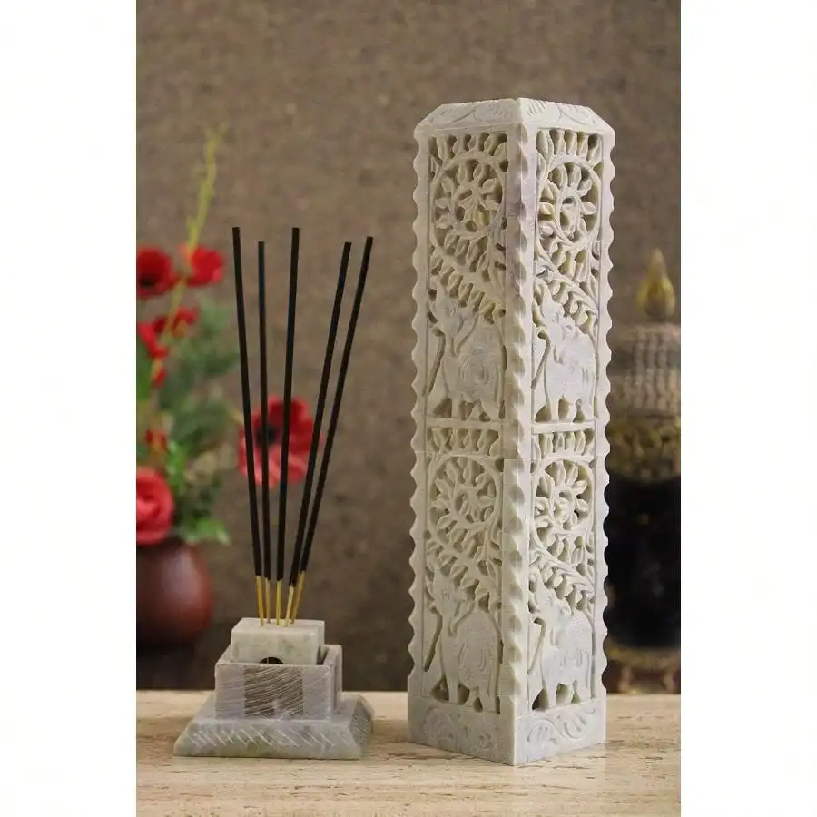 

Handmade Marble Soapstone Incense Stick Candle Stick Holder Tea Light Stand - Elephant Carving Gifting. Decorative Home And Kitchen Decor (3x 3x 11 Inches)