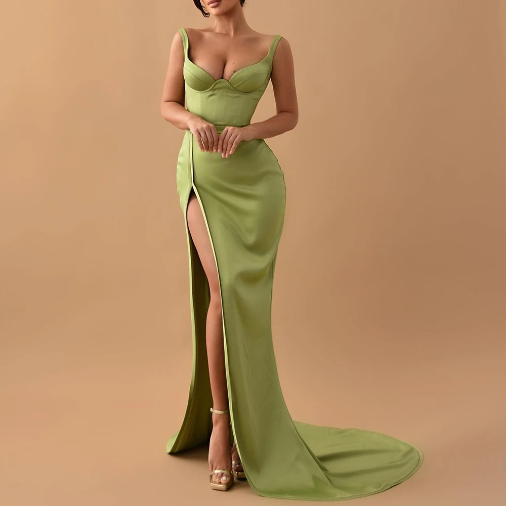 

Classic Celebrity Evening Dress Spaghetti Straps Strapless Sleeveless Sweep Train Side Silt Straight Solid Color Floor Length