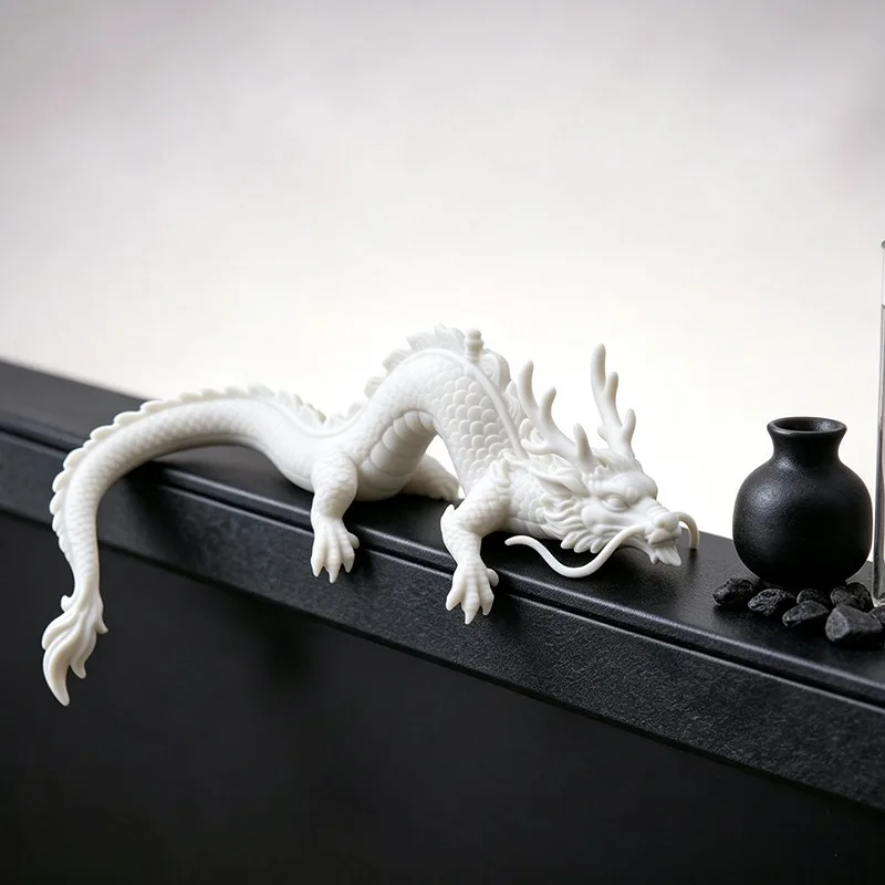 3D Printed Chinese Loong Figurine White Edge Rest Dragon Statue Feng Shui Home Shelf Gift Collectors Oriental Tabletop Decor