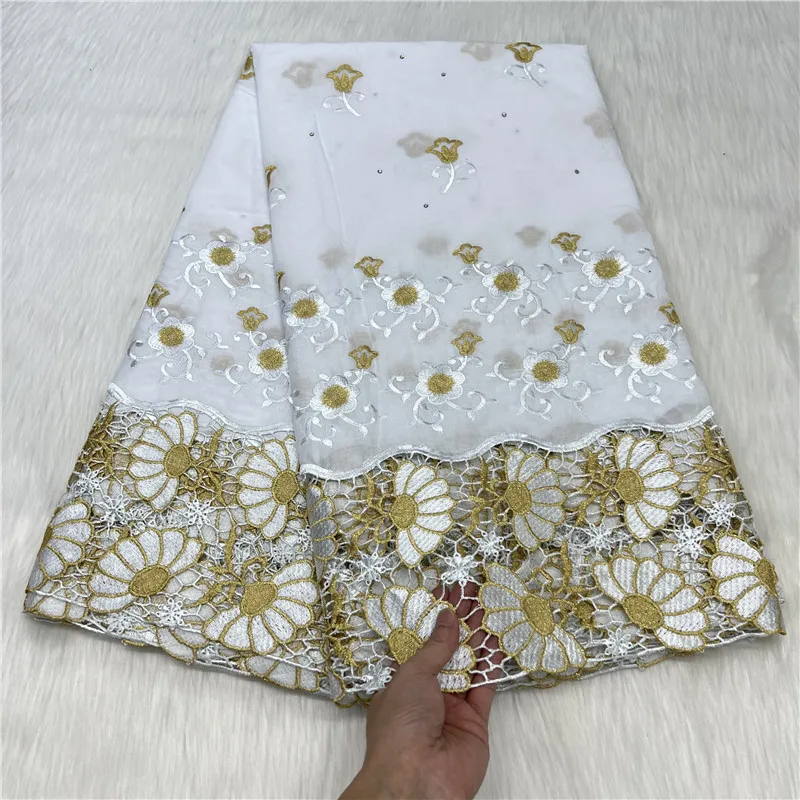 Fashion African Lace Fabric With Stones Newest Design Swiss Voile Cotton Lace Embroidered Fabric For Women Wedding Party 23A51