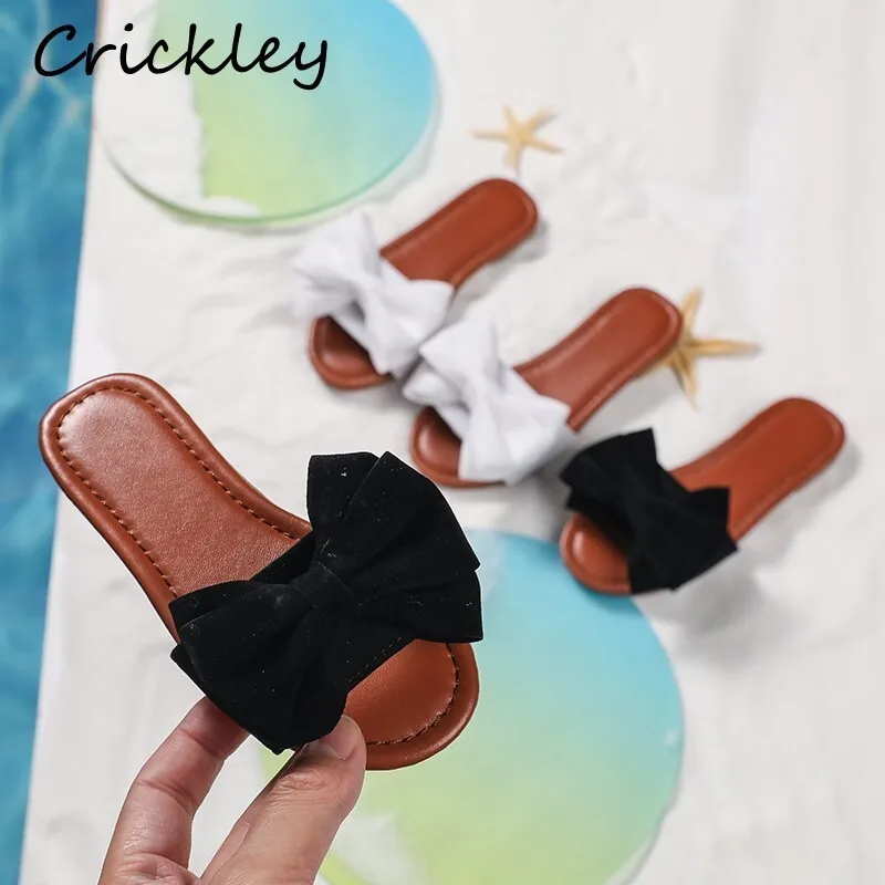 

Summer Bow Girls Slippers Fashion Solid PU Leather Children Slippers 2025 Princess Anti Slip Soft Kids Flats Shoes