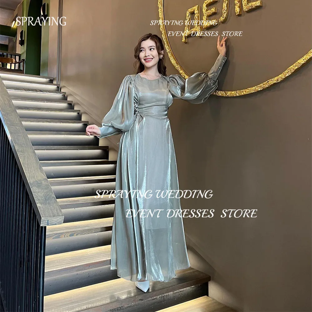 SPRAYING Elegant glossy O-Neck Long Evening Dress A-line Floor-Length Formal Party Dresses Prom Dress Long Sleeves