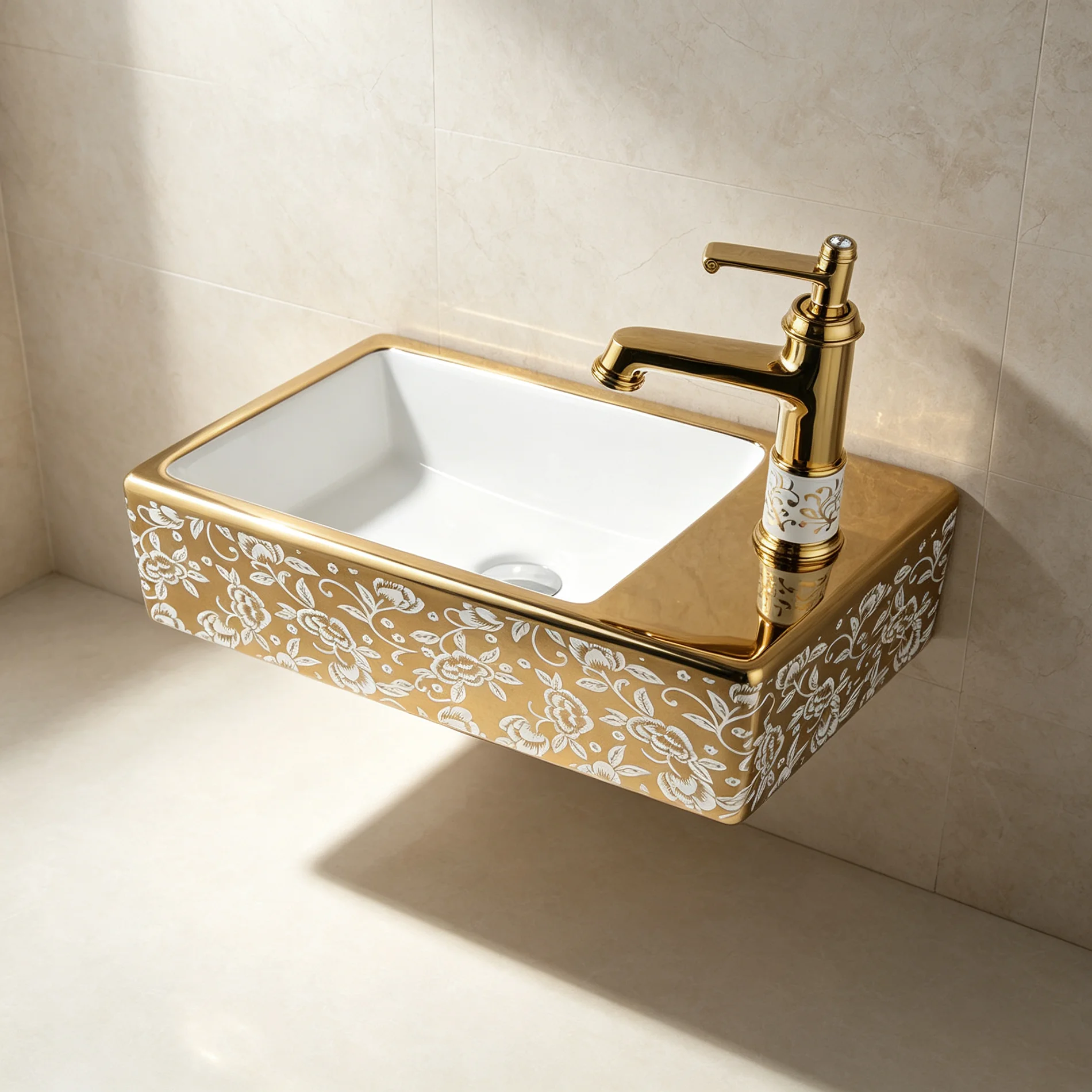 ZAPPO Wall Mounted Gold Ceramic Wash Basin Set Vintage Bathroom Sink with Gold Faucet Combo Rectangular Wall Hung Vessel Sink