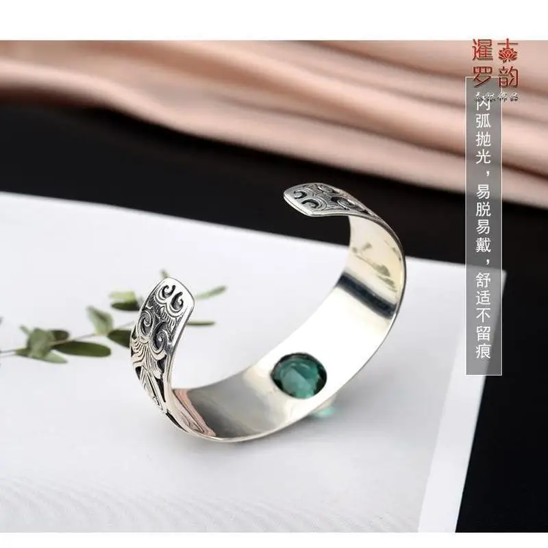 S925 Sterling Silver Inlaid With Green And Floral Pattern, Openwork Wide Bracelet Women