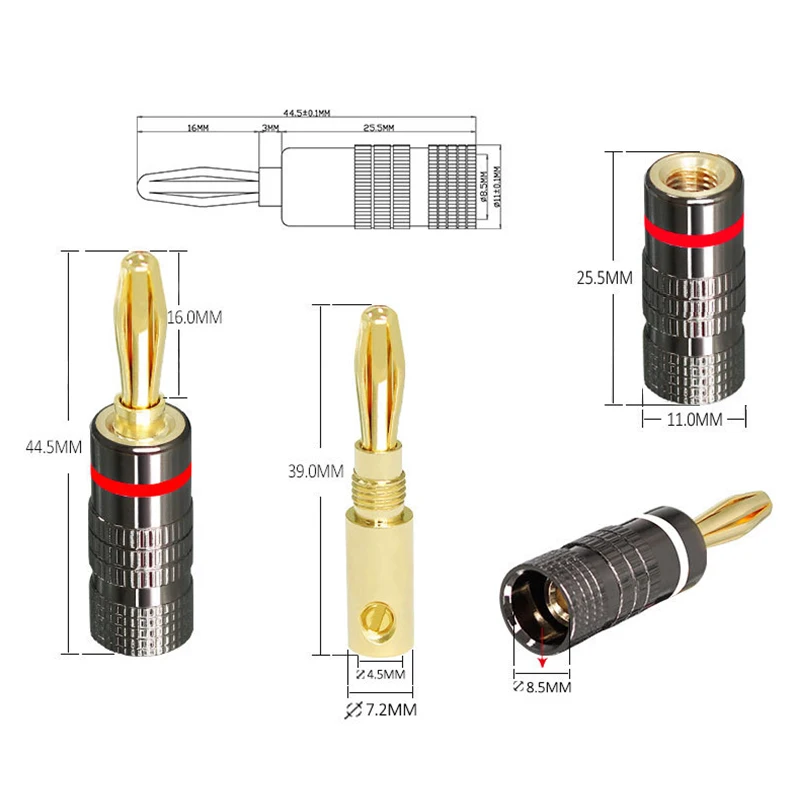 4mm HIFI Banana Plugs Speaker Wire Connector Dual Screw Lock 24K Gold Plated Copper Audio Video Connectors Jack for Speaker Wire