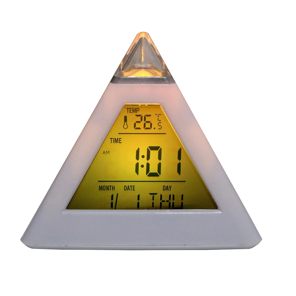 Perpetual Calendar Thermometer Colorful Backlight Change Clock Digital Alarm Clock Triangle Pyramid Home Decoration