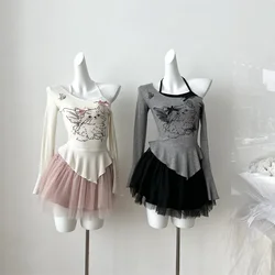 Spring Sweet Irregular Chic New 2 Piece Set Woman Y2kCat Print Elegant Mini Skirt Suit Female Knit Princess Design Outfits 2025