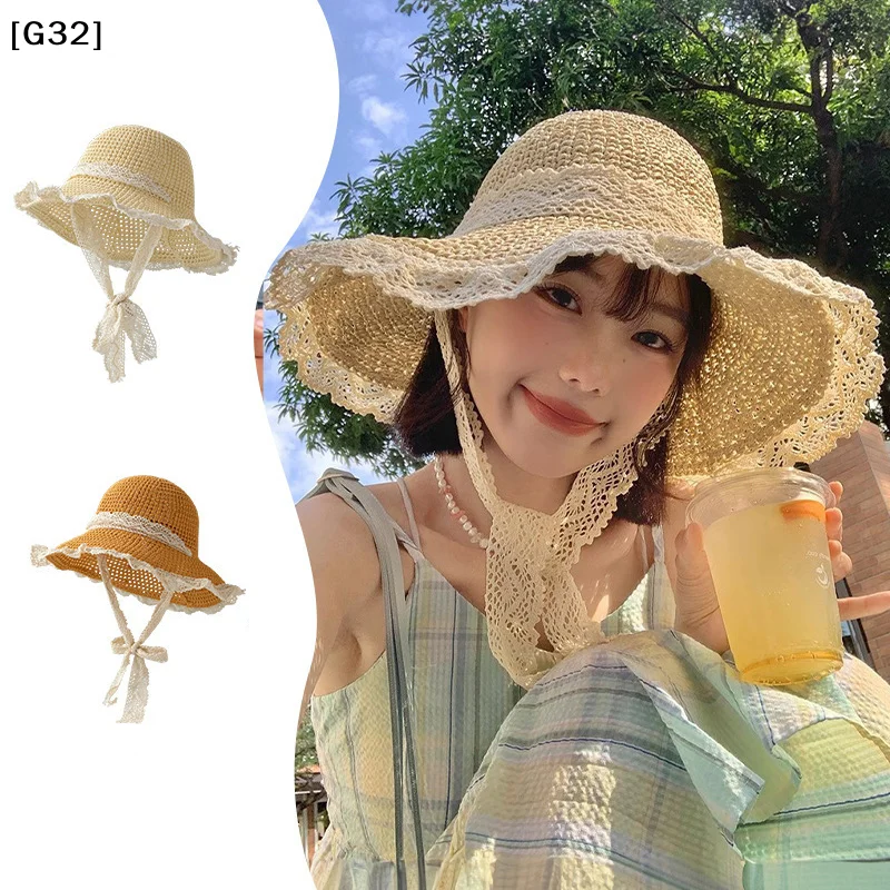 Women Summer Lace Straw Sun Hat Foldable Wide Brim Beach Hat Fresh Stylish UV Protection Shade Cap For Travel Holiday[G32]