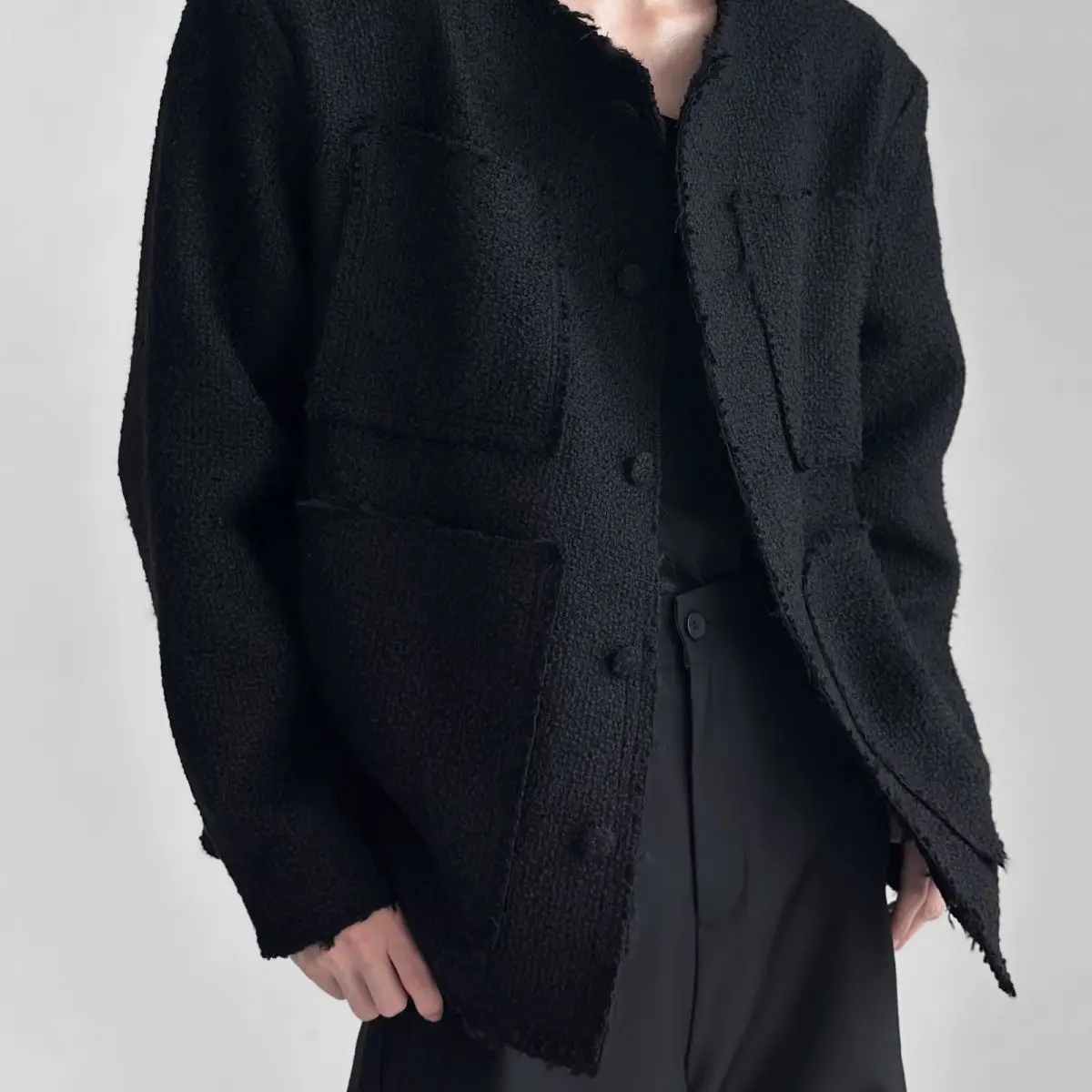 남성 럭셔리 4포켓 트위드 재킷 시크 스트리트웨어 로우 엣지 & 우븐 오버사이즈 블레이저 에지리 코리아 봄 가을 루즈핏 코트