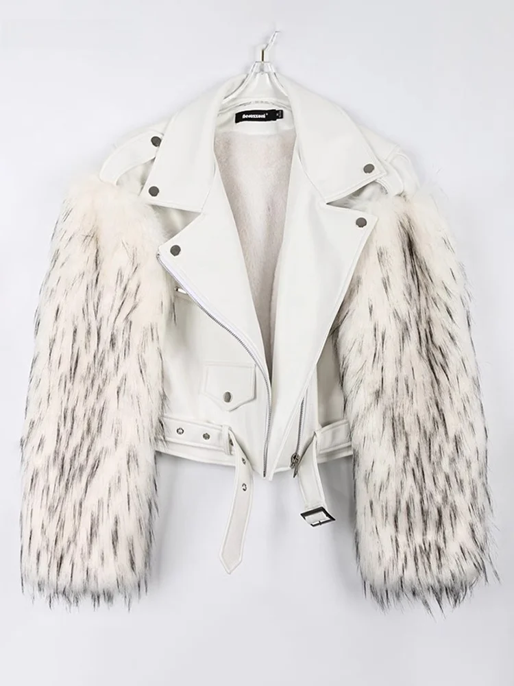 Nerazzurri Women's PU Leather Jacket White Motorcycle Style Thickened Faux  Fur Inner Long Sleeve Zipper Short Coat