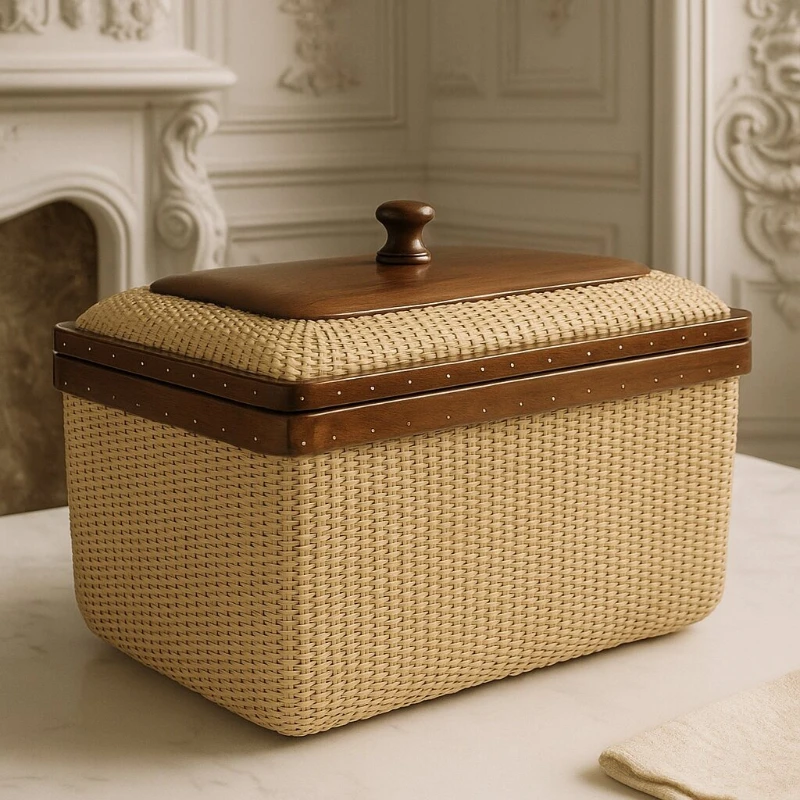 

Rattan Weaving Storage Box, Japanese Style Bamboo Basket with Lid, Household Snack Organizer, Trendy Wooden Desktop Container