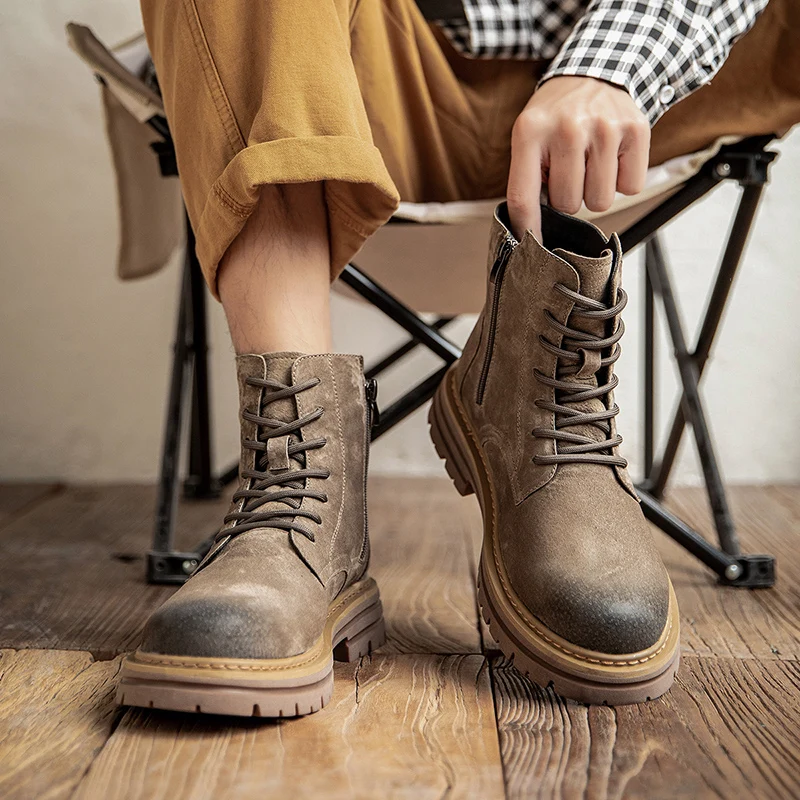 men casual outdoors desert boots cow suede leather platform shoes cowboy tooling work boot cool high motorcycle botas masculinas