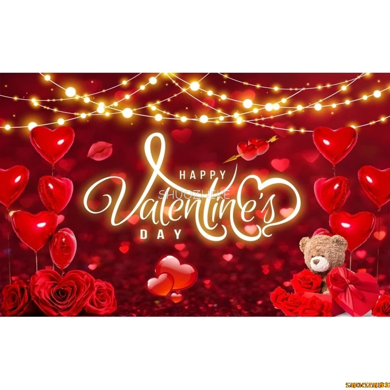 Happy Valentine's Day Theme Photography Background Red Rose Love Heart  Valentines Party Banner Decoration Backdrop Supplies