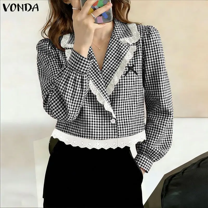 

VONDA Fashion Plaid Shirts Women Long Sleeve Lapel Lace Patchwork Blouse 2026 Casual Loose Streetwear Blusas Elegant Office Tops