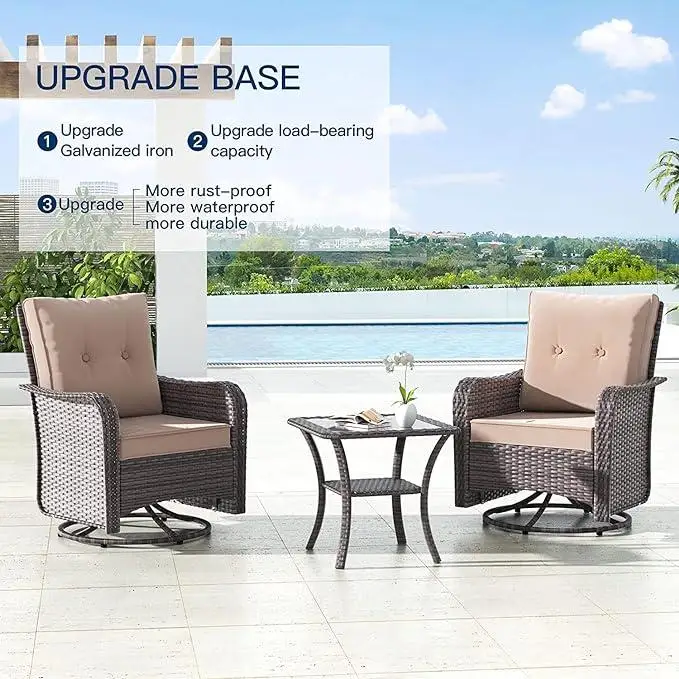 3 Pieces Patio Furniture Set,Outdoor Swivel Rocking Chairs Porch Furniture Patio Rattan Chairs with Table