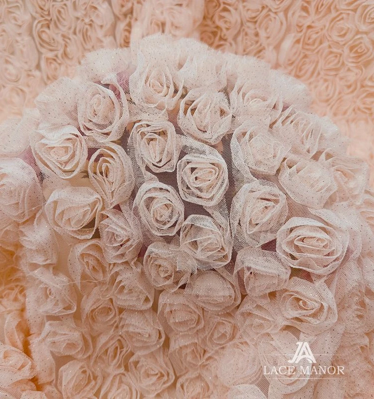 Gold Powder Pink 3D Rose Plate Flower Mesh Fabric for DIY Clothing and Doll Costumes Wedding Dress