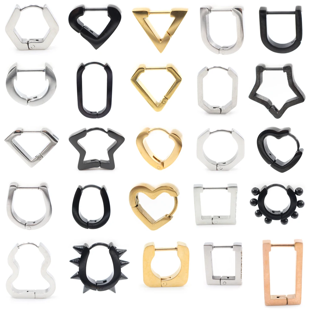 2PCS Triangle Square Hexagon Rectangle Heart Star Oval Gourd Zircon Stainless Steel Women Men Ear Hoop Earring Piercing Jewelry