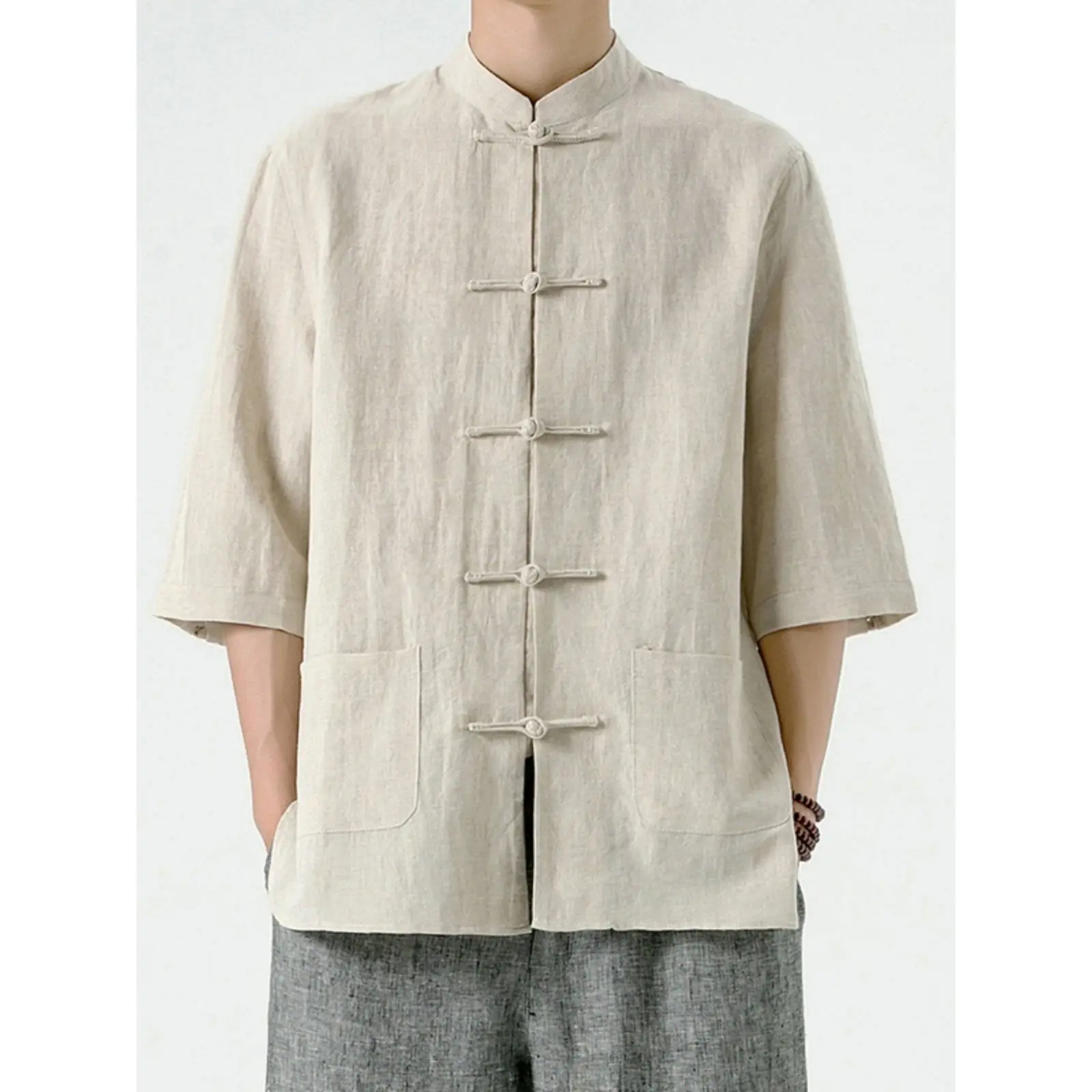 

Men's Linen Cotton Shirt Seven-Quarter Sleeve Stand Collar Retro Chinese Tang Costume Style Summer Casual Comfortable Top