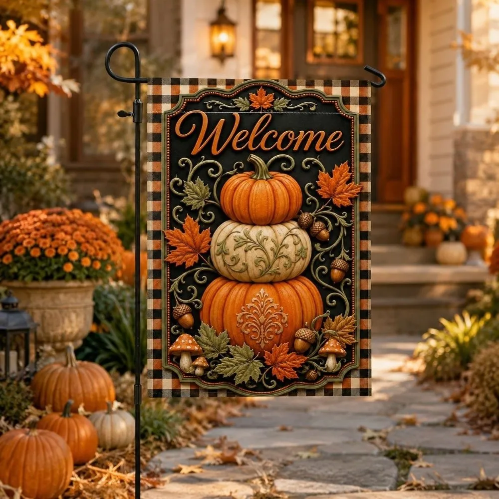 Double Sided Halloween Fall Pumpkin Garden Flag Linen Rustic Style Ghost Welcome Flag Witch Hat Scarecrow Autumn Ghost Yard Flag